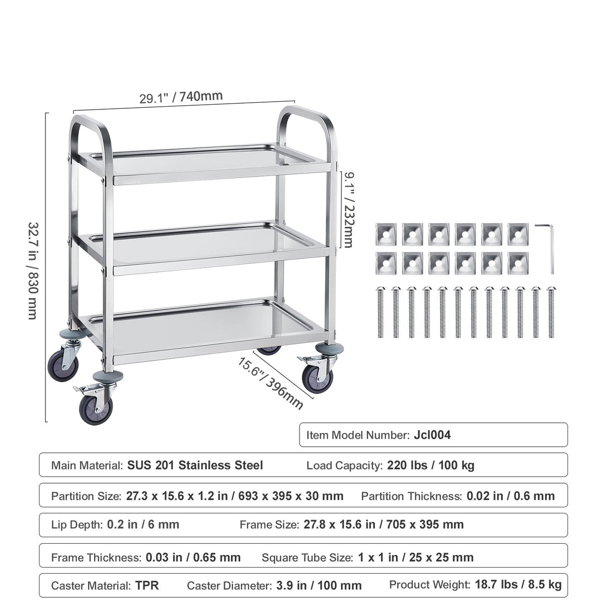 Stainless Steel Cart, 3 Layers Lab Utility Cart 400 lbs Weight Capacity, Medical Cart with Lockable Universal Wheels, for Lab, Clinic, Kitchen, Salon