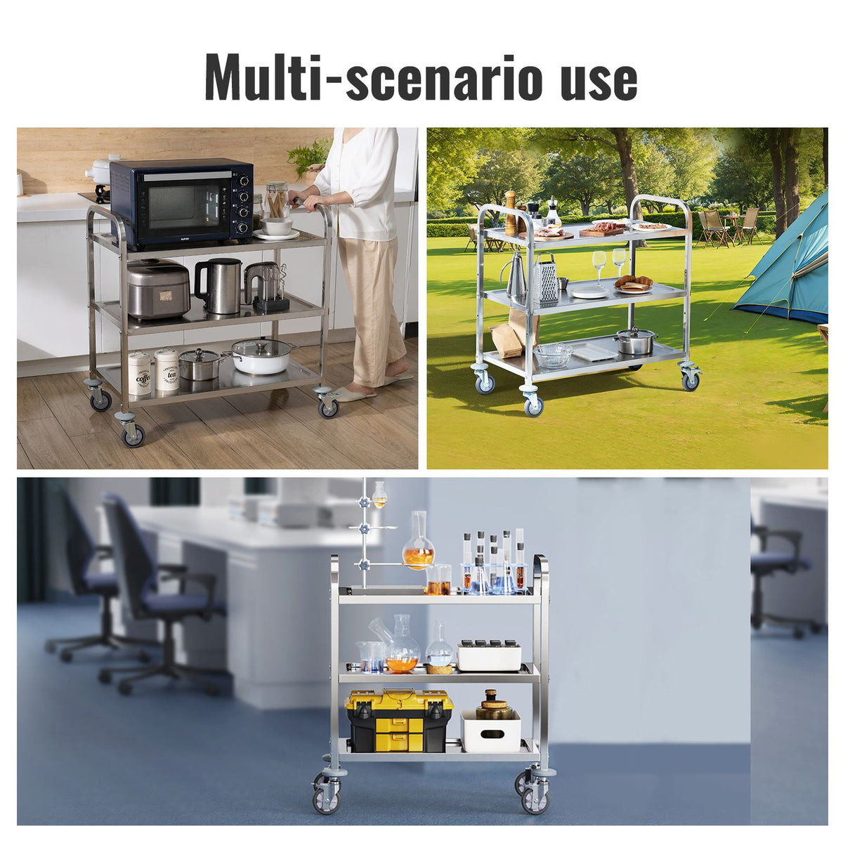 Stainless Steel Cart, 3 Layers Lab Utility Cart 400 lbs Weight Capacity, Medical Cart with Lockable Universal Wheels, for Lab, Clinic, Kitchen, Salon