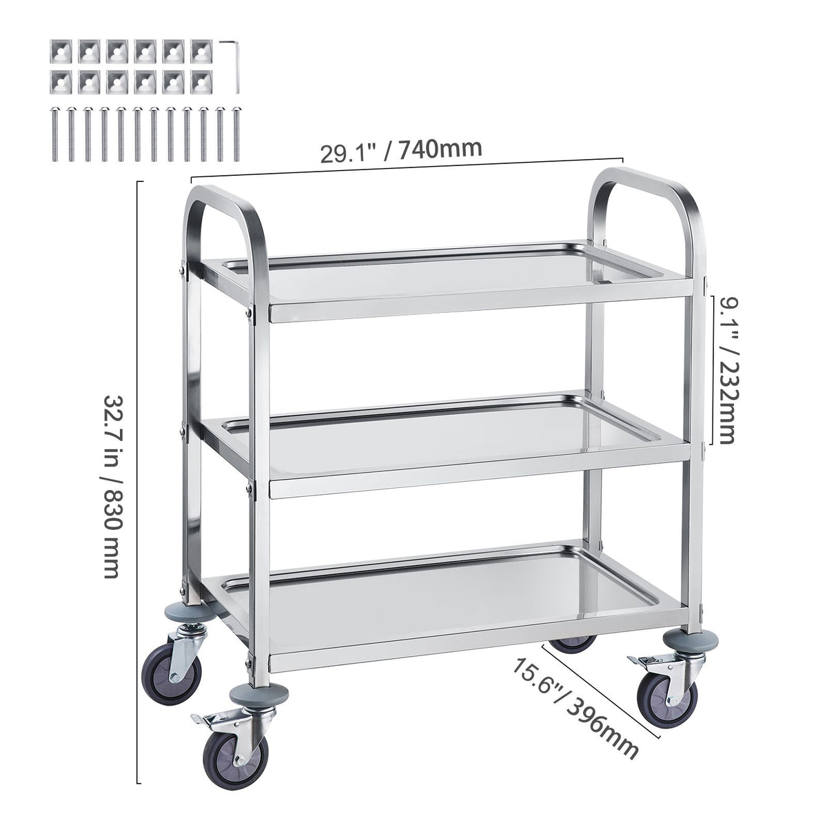stainless steel cart, 3 layers lab utility cart 400 lbs weight capacity, medical cart with lockable universal wheels, for lab, clinic, kitchen, salon