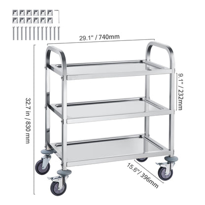 Stainless Steel Cart, 3 Layers Lab Utility Cart 400 lbs Weight Capacity, Medical Cart with Lockable Universal Wheels, for Lab, Clinic, Kitchen, Salon