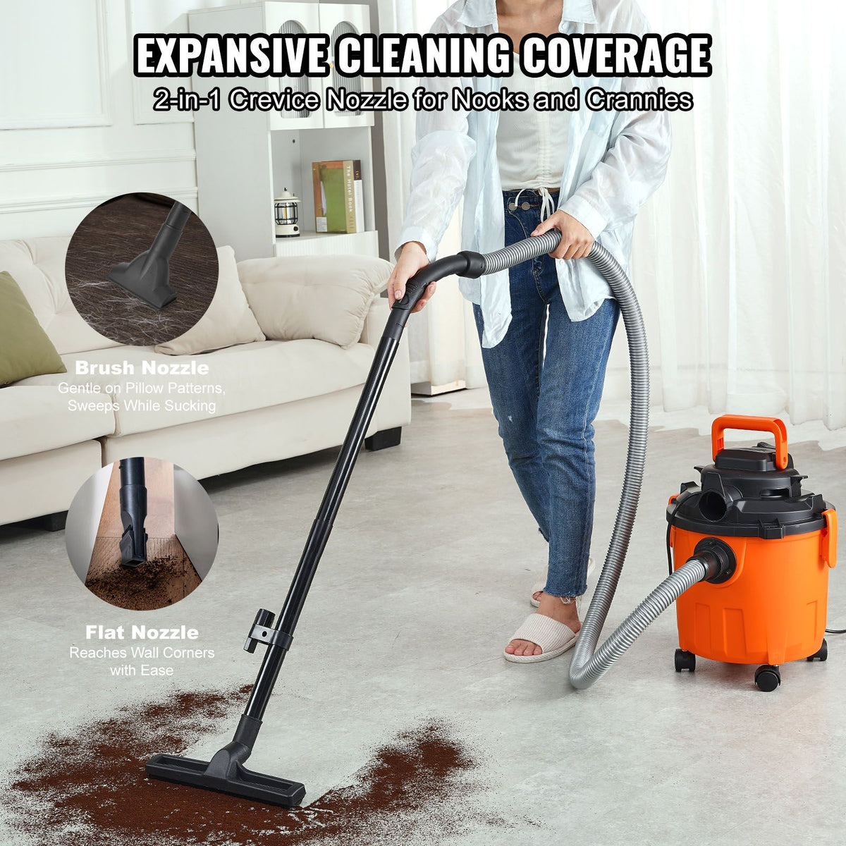 shop vacuum wet and dry, 5 gallon 6 peak hp wet/dry vac, powerful suction with blower function with attachments 2-in-1 crevice nozzle, small shop vac perfect for carpet debris, pet hair, car