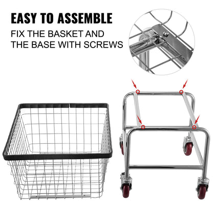 Wire Laundry Cart, 2.8Bushel Wire Laundry Basket with Wheels, 26.7''x21.7''x26.4'' Commercial Wire Laundry Basket Cart, Steel Frame with Chrome Finish, 4" Casters, Wire Basket Cart for Laundry