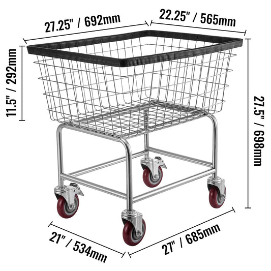 Wire Laundry Cart, 2.8Bushel Wire Laundry Basket with Wheels, 26.7''x21.7''x26.4'' Commercial Wire Laundry Basket Cart, Steel Frame with Chrome Finish, 4" Casters, Wire Basket Cart for Laundry