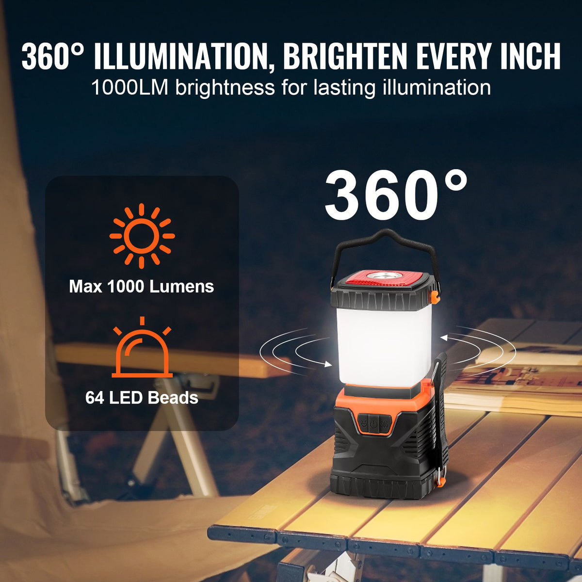 LED Camping Lantern, All-in-one, 1000LM, 360° Illumination, 4 Lighting Modes, Battery Powered Light, Outdoor Robust Flashlight, Built to Last Light, Ideal for Hiking Fishing Outages Repairs