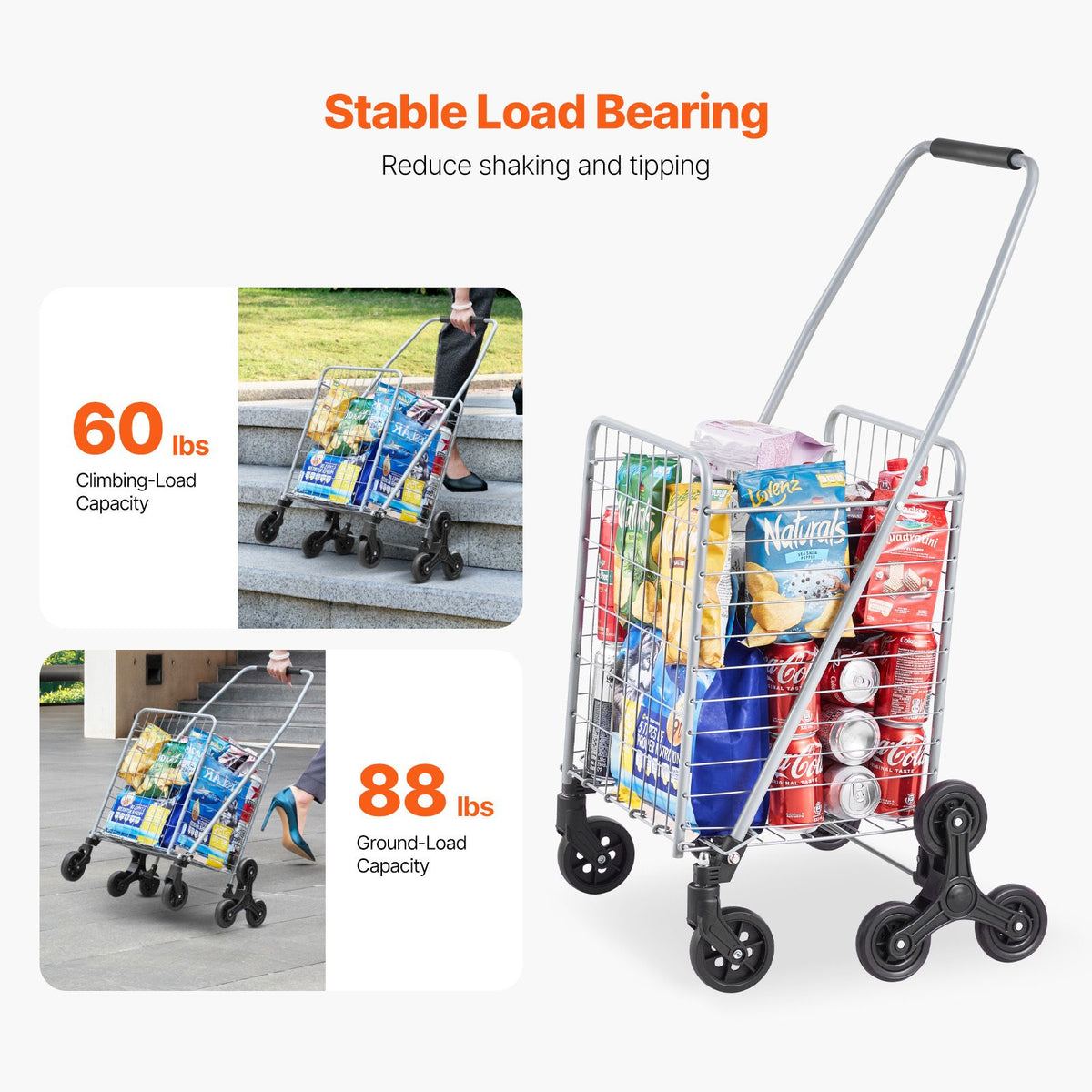 grocery shopping cart, 45l stair climbing shopping cart with 360° rolling swivel wheels, stair climber utility cart with tri-wheels, foldable collapsible & lightweight for laundry travel, silver