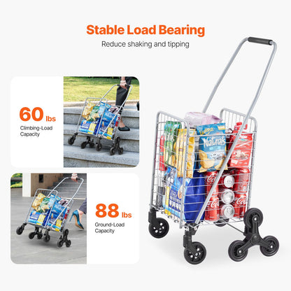 Grocery Shopping Cart, 45L Stair Climbing Shopping Cart with 360° Rolling Swivel Wheels, Stair Climber Utility Cart with Tri-Wheels, Foldable Collapsible & Lightweight for Laundry Travel, Silver