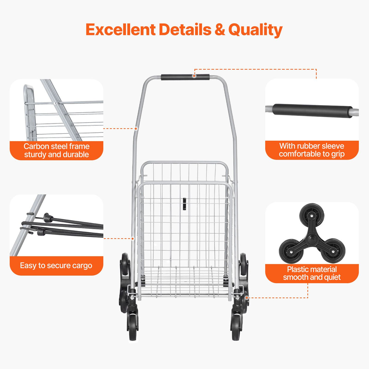 Grocery Shopping Cart, 45L Stair Climbing Shopping Cart with 360° Rolling Swivel Wheels, Stair Climber Utility Cart with Tri-Wheels, Foldable Collapsible & Lightweight for Laundry Travel, Silver