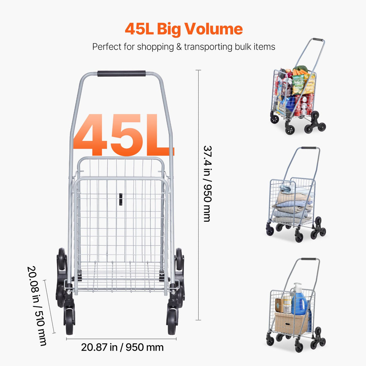 grocery shopping cart, 45l stair climbing shopping cart with 360° rolling swivel wheels, stair climber utility cart with tri-wheels, foldable collapsible & lightweight for laundry travel, silver