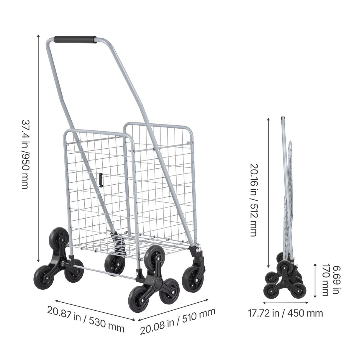 Grocery Shopping Cart, 45L Stair Climbing Shopping Cart with 360° Rolling Swivel Wheels, Stair Climber Utility Cart with Tri-Wheels, Foldable Collapsible & Lightweight for Laundry Travel, Silver