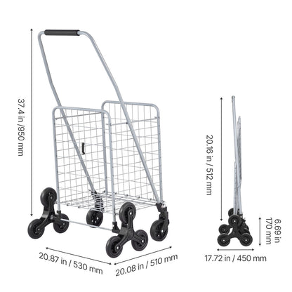 Grocery Shopping Cart, 45L Stair Climbing Shopping Cart with 360° Rolling Swivel Wheels, Stair Climber Utility Cart with Tri-Wheels, Foldable Collapsible & Lightweight for Laundry Travel, Silver