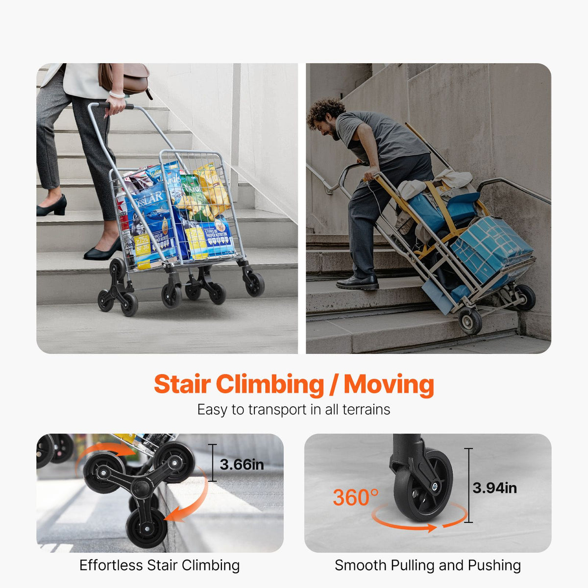grocery shopping cart, 45l stair climbing shopping cart with 360° rolling swivel wheels, stair climber utility cart with tri-wheels, foldable collapsible & lightweight for laundry travel, silver