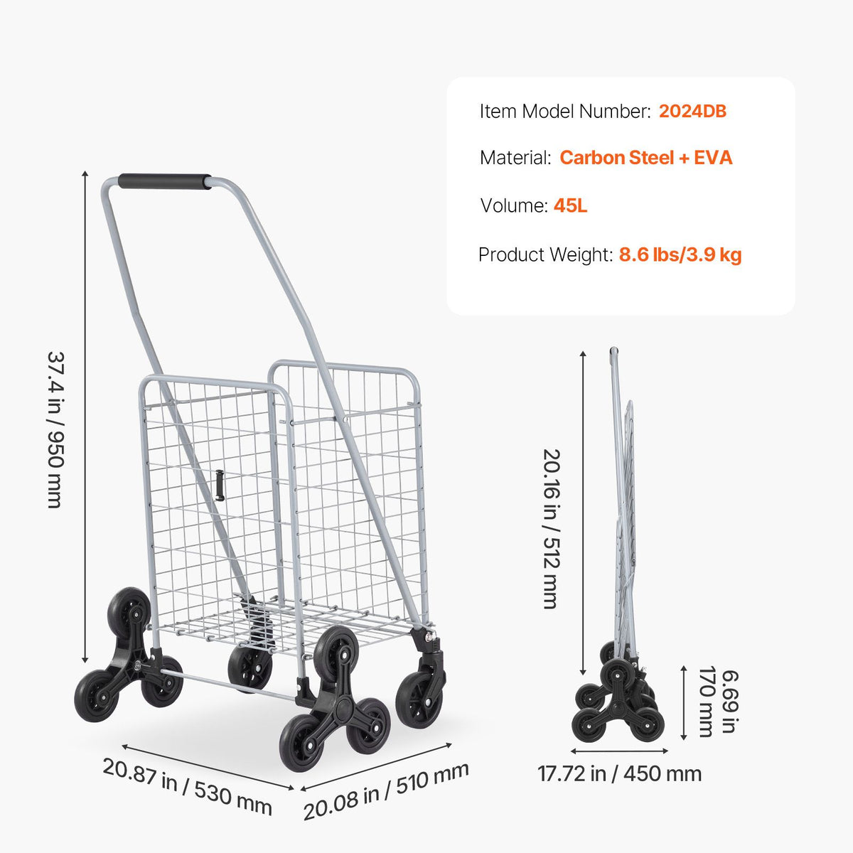 grocery shopping cart, 45l stair climbing shopping cart with 360° rolling swivel wheels, stair climber utility cart with tri-wheels, foldable collapsible & lightweight for laundry travel, silver