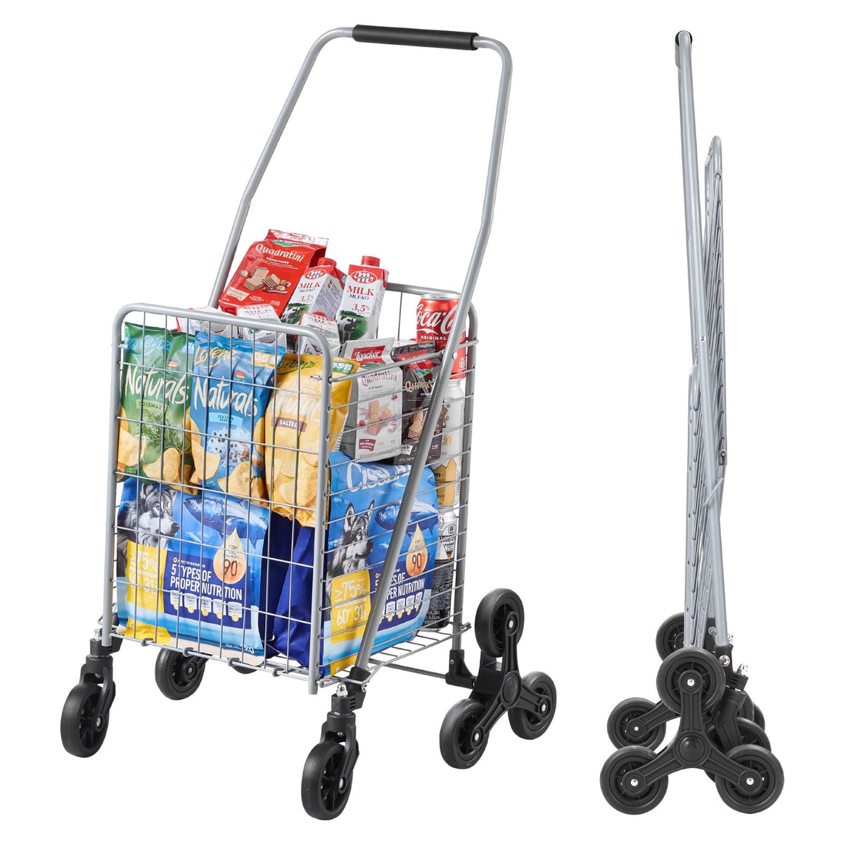 grocery shopping cart, 45l stair climbing shopping cart with 360° rolling swivel wheels, stair climber utility cart with tri-wheels, foldable collapsible & lightweight for laundry travel, silver