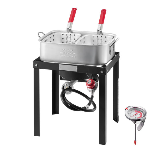 18 Qt Fish and Wing Fryer with Double Basket, Aluminum Propane Fish Fryer Kit, Outdoor Deep Fryer Seafood Pot with Thermometer and 58,000 BTUs Propane Burners, for Outdoor and Back