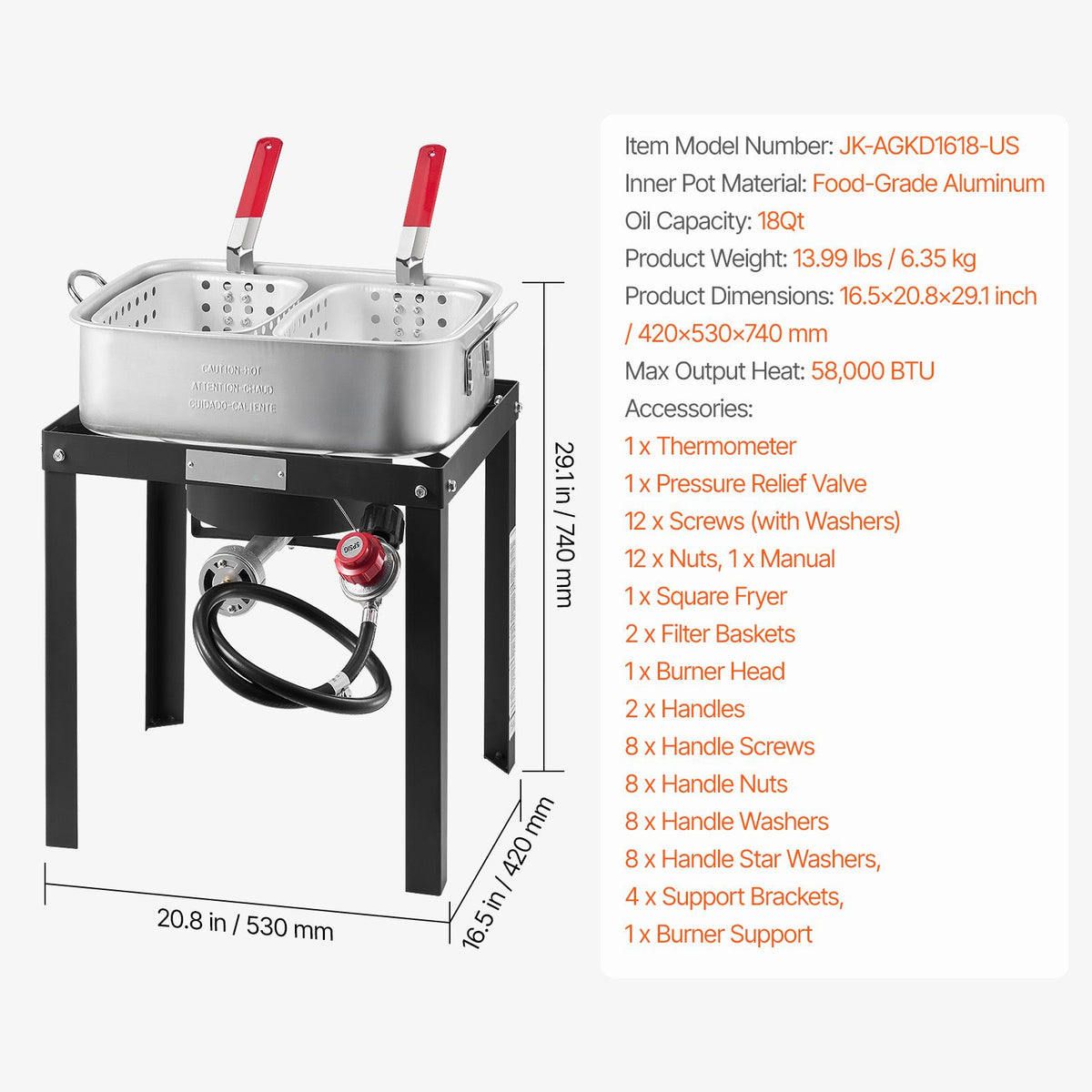 18 qt fish and wing fryer with double basket, aluminum propane fish fryer kit, outdoor deep fryer seafood pot with thermometer and 58,000 btus propane burners, for outdoor and back