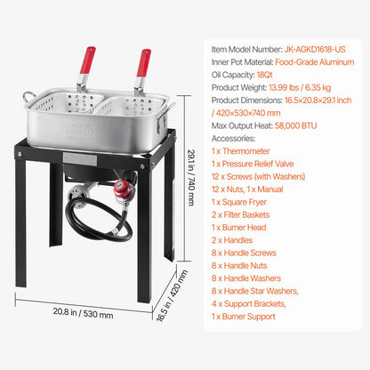 18 Qt Fish and Wing Fryer with Double Basket, Aluminum Propane Fish Fryer Kit, Outdoor Deep Fryer Seafood Pot with Thermometer and 58,000 BTUs Propane Burners, for Outdoor and Back