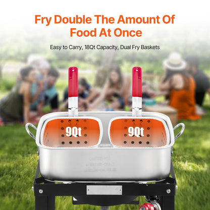 18 Qt Fish and Wing Fryer with Double Basket, Aluminum Propane Fish Fryer Kit, Outdoor Deep Fryer Seafood Pot with Thermometer and 58,000 BTUs Propane Burners, for Outdoor and Back