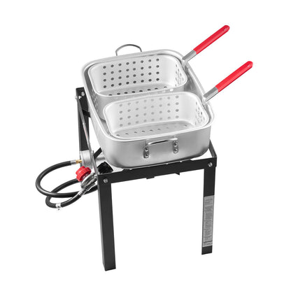 18 Qt Fish and Wing Fryer with Double Basket, Aluminum Propane Fish Fryer Kit, Outdoor Deep Fryer Seafood Pot with Thermometer and 58,000 BTUs Propane Burners, for Outdoor and Back
