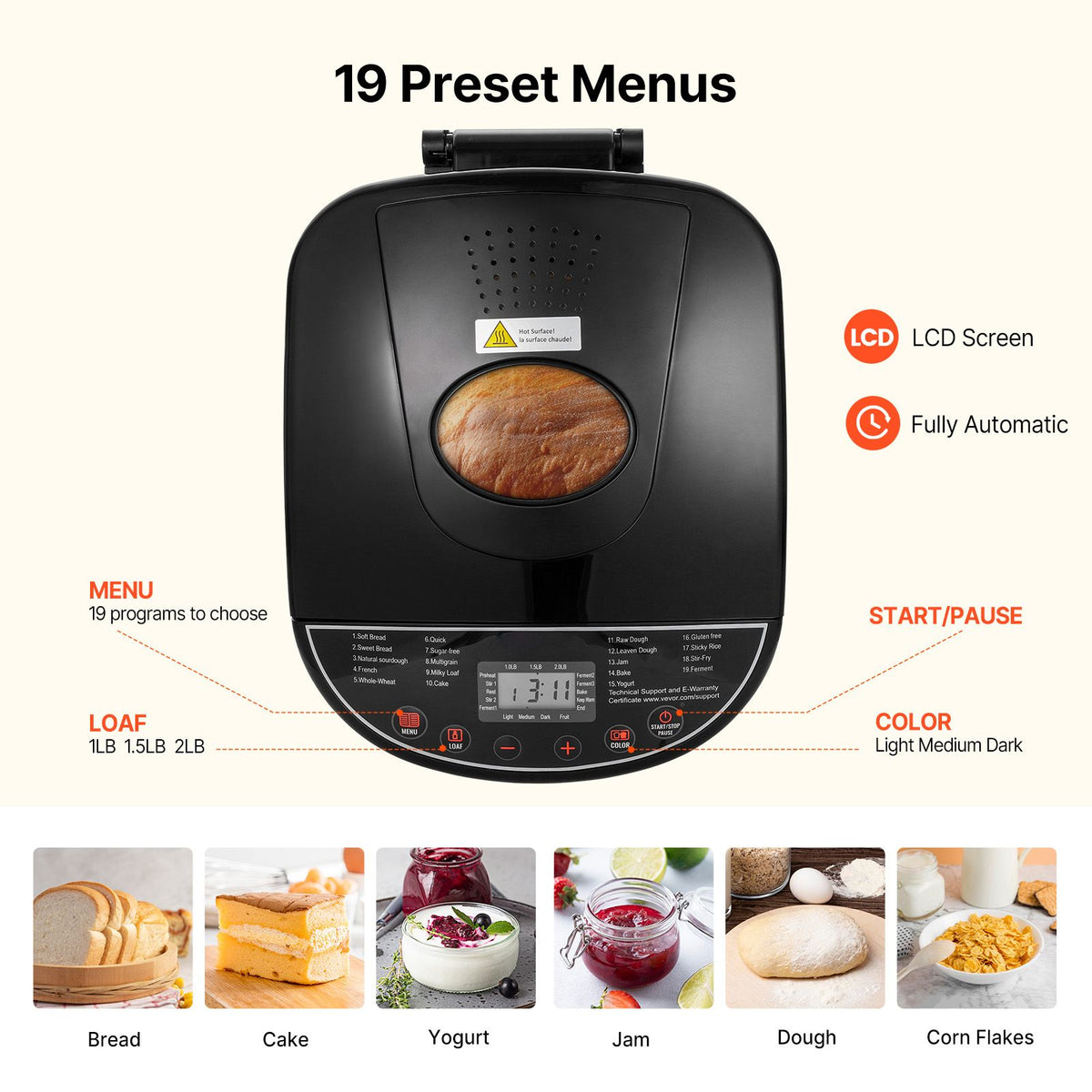 bread maker, 19-in-1 2lb dough machine, nonstick ceramic pan automatic breadmaker with gluten free setting, whole wheat bread making, digital, programmable, 3 loaf sizes, 3 crust colors