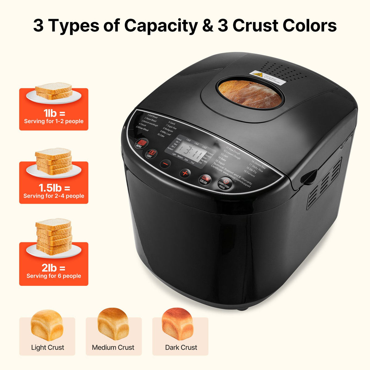 bread maker, 19-in-1 2lb dough machine, nonstick ceramic pan automatic breadmaker with gluten free setting, whole wheat bread making, digital, programmable, 3 loaf sizes, 3 crust colors