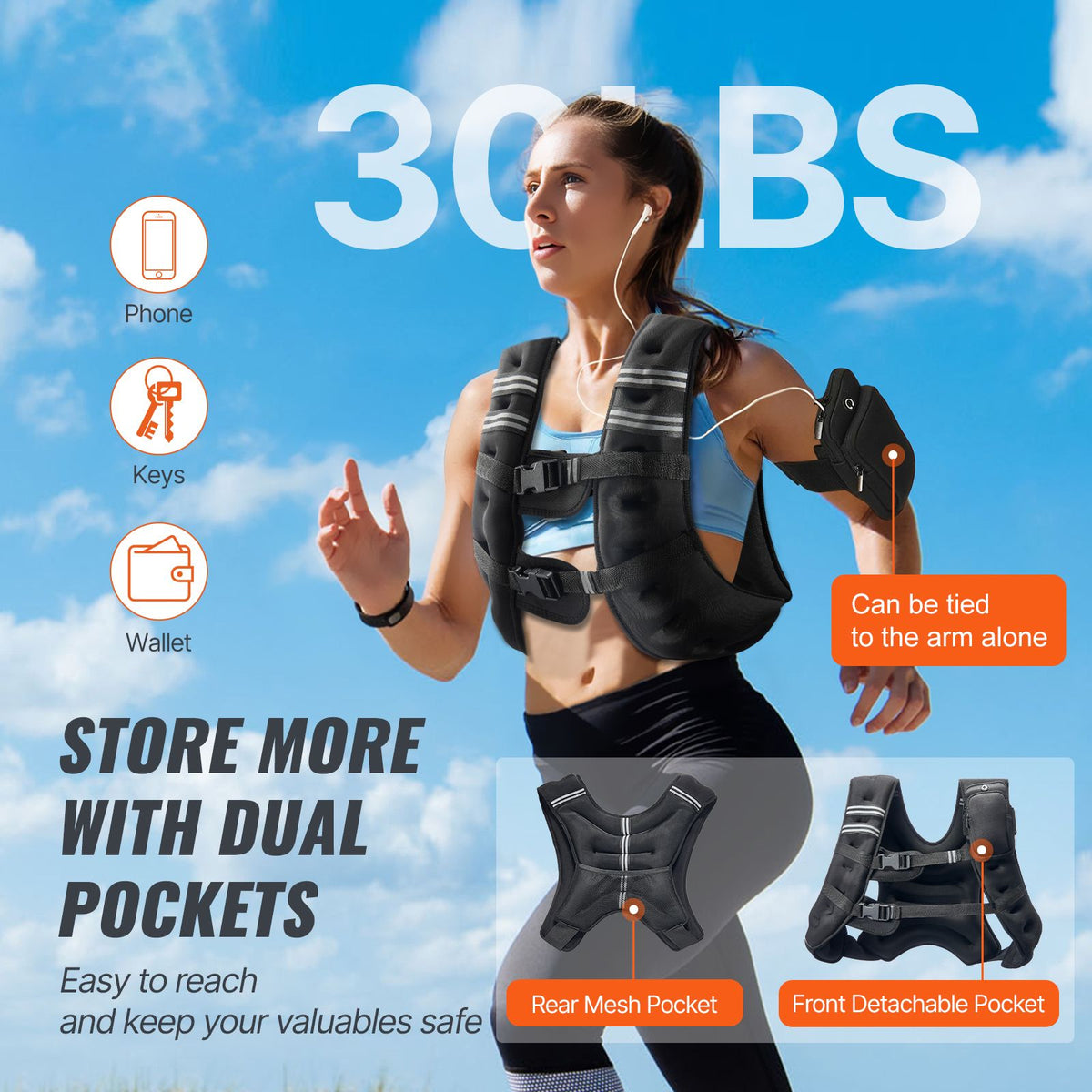 weighted vest, 30 lbs weight vest with reflective stripe, adjustable buckle body weight vest for men women, workout equipment for strength training, running, jogging, fitness, and weight loss