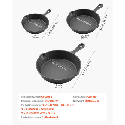 Cast Iron Skillet, 3-Piece Frying Pan Set (6, 8, 10 in), Heavy-Duty Skillets with Heat-Resistant Handle, Pre-Seasoned Chef's Pan, Kitchen Cookware, for Oven, Gas, Electrical, Induc