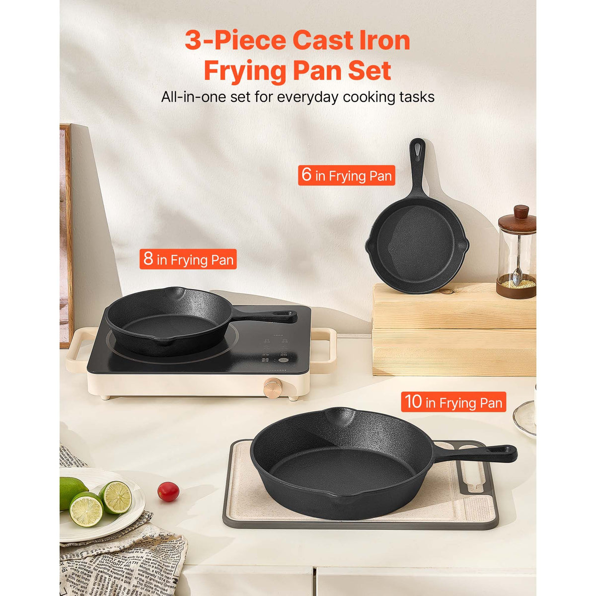 cast iron skillet, 3-piece frying pan set (6, 8, 10 in), heavy-duty skillets with heat-resistant handle, pre-seasoned chef's pan, kitchen cookware, for oven, gas, electrical, induc