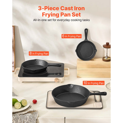 Cast Iron Skillet, 3-Piece Frying Pan Set (6, 8, 10 in), Heavy-Duty Skillets with Heat-Resistant Handle, Pre-Seasoned Chef's Pan, Kitchen Cookware, for Oven, Gas, Electrical, Induc
