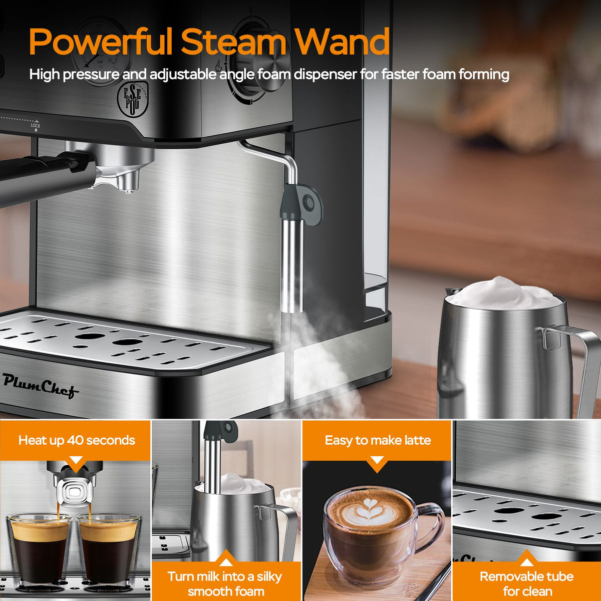 plumchef espresso machine 20 bar professional compact household coffee espresso maker with milk frother steam wand pressure gauge 54oz water tank low noise and fast coffee machine 