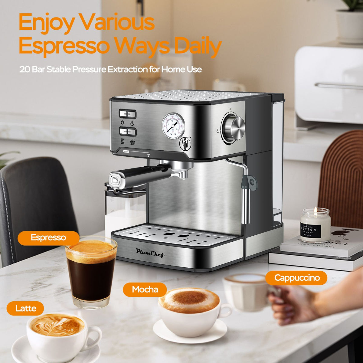 plumchef espresso machine 20 bar professional compact household coffee espresso maker with milk frother steam wand pressure gauge 54oz water tank low noise and fast coffee machine 