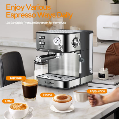 PlumChef Espresso Machine 20 Bar Professional Compact Household Coffee Espresso Maker with Milk Frother Steam Wand Pressure Gauge 54oz Water Tank Low Noise and Fast Coffee Machine 
