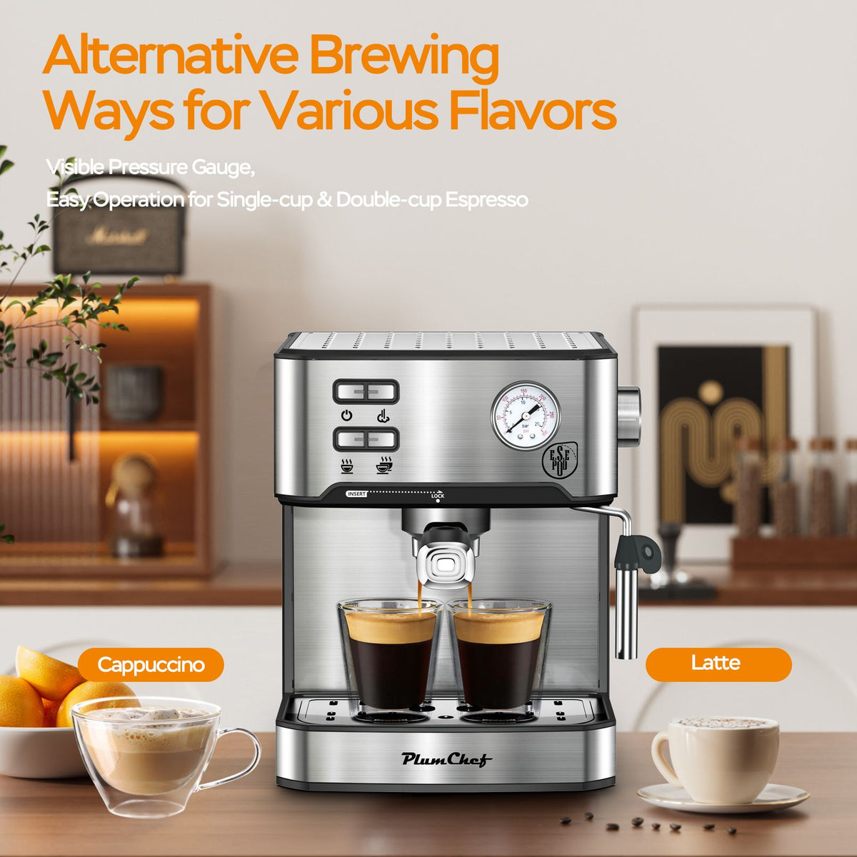 plumchef espresso machine 20 bar professional compact household coffee espresso maker with milk frother steam wand pressure gauge 54oz water tank low noise and fast coffee machine 