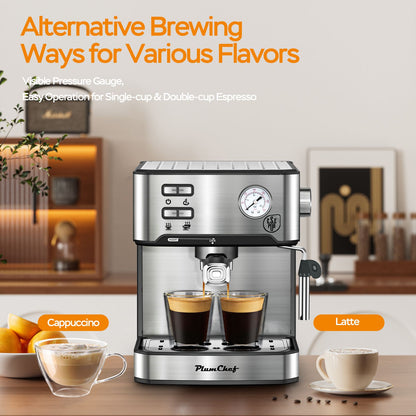 PlumChef Espresso Machine 20 Bar Professional Compact Household Coffee Espresso Maker with Milk Frother Steam Wand Pressure Gauge 54oz Water Tank Low Noise and Fast Coffee Machine 