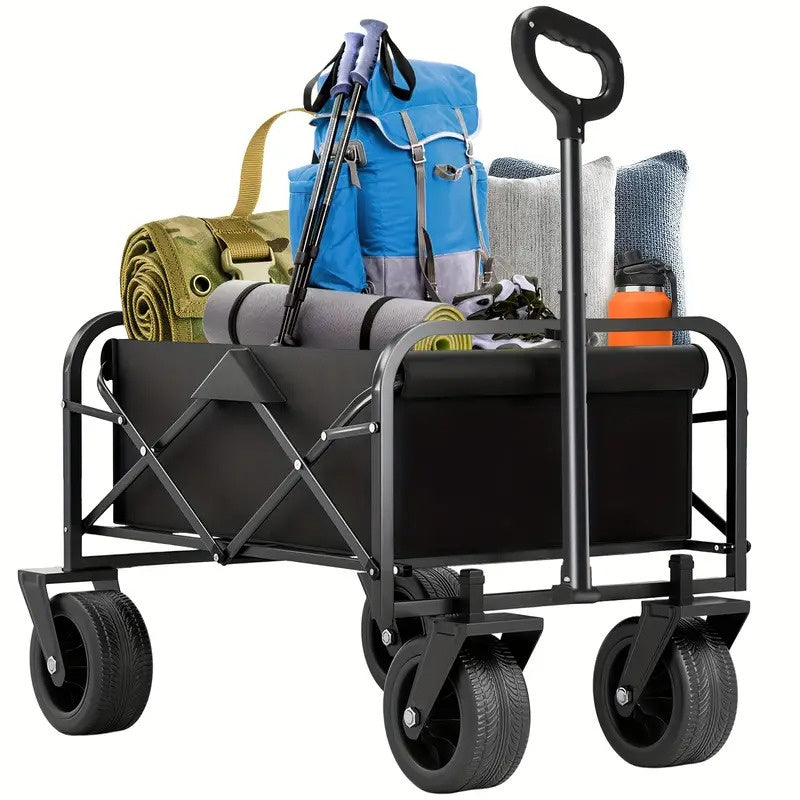 Heavy Duty Foldable Utility Wagon Cart 220 lbs Capacity Portable Collapsible Outdoor Beach Garden Trolley with 360° All Terrain Wheels Side Pockets for Camping Sports Lawn Yard Gea