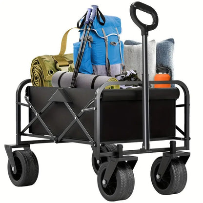 Heavy Duty Foldable Utility Wagon Cart 220 lbs Capacity Portable Collapsible Outdoor Beach Garden Trolley with 360° All Terrain Wheels Side Pockets for Camping Sports Lawn Yard Gea