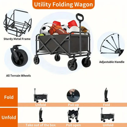Heavy Duty Foldable Utility Wagon Cart 220 lbs Capacity Portable Collapsible Outdoor Beach Garden Trolley with 360° All Terrain Wheels Side Pockets for Camping Sports Lawn Yard Gea
