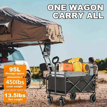 Heavy Duty Foldable Utility Wagon Cart 220 lbs Capacity Portable Collapsible Outdoor Beach Garden Trolley with 360° All Terrain Wheels Side Pockets for Camping Sports Lawn Yard Gea